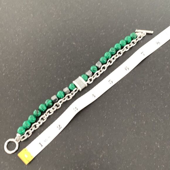 Women’s Malachite Green & Hematite Double Strand Beaded Bracelet with Chain - Picture 8 of 10